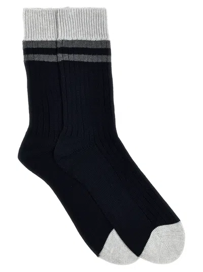 Brunello Cucinelli Striped Cotton Socks Blue In Black