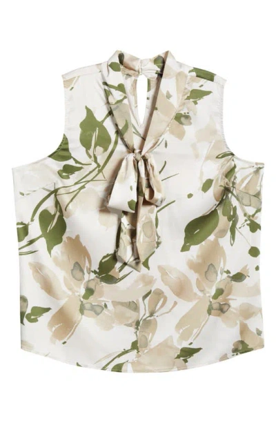 Tahari Asl Plus Size Printed Sleeveless Bow Blouse In Sand,loden