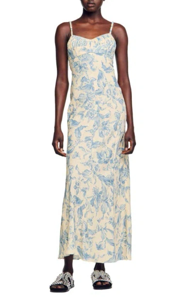 Sandro Floral-print Lace-up Maxi Dress In Ecru Blue