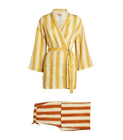 Desmond & Dempsey Linen Striped Loungewear Set In Gold