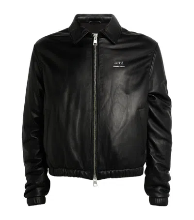 Ami Alexandre Mattiussi Logo-lettering Leather Bomber Jacket In Black
