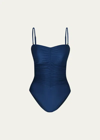 L Agence Aubrey Shimmer Ruched One-piece Swimsuit In Monaco Blue