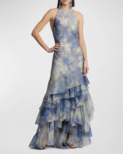 Ralph Lauren Lauraine Floral-print Ruffle Backless Halter Gown In Blue Pearl Multi