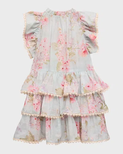 Zimmermann Kids' Girl's Halliday Floral-print Tiered Dress In Blue Watercolour