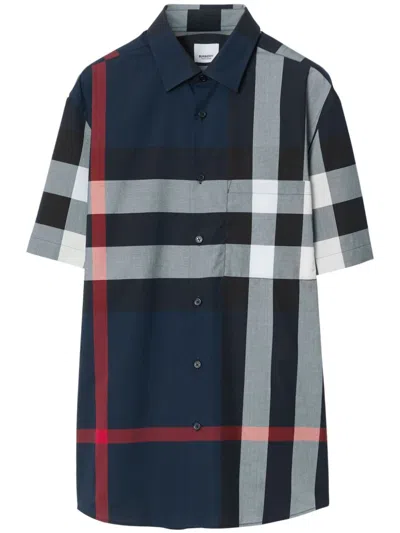 Burberry Checked Cotton Shirt In Blue