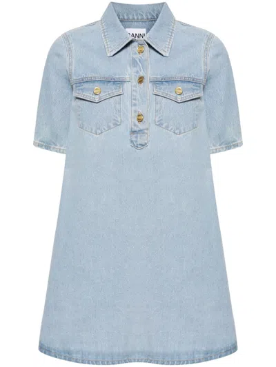 Ganni Cutline Denim Mini Dress Mid Blue Vintage 44 In Baby Blue