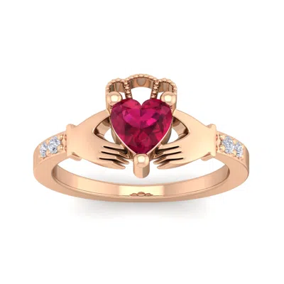 Sselects 1 Carat Heart Shape Ruby And Diamond Claddagh Ring In 14 Karat Rose Gold In Red