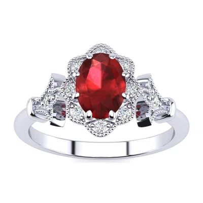 Sselects 1 Carat Oval Shape Ruby And Halo Diamond Vintage Ring In 14 Karat White Gold In Red