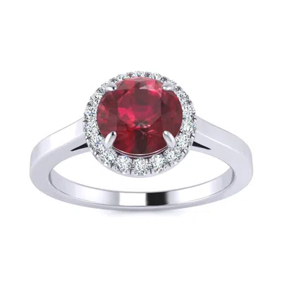 Sselects 1 Carat Round Shape Ruby And Halo Diamond Ring In 14 Karat White Gold In Red