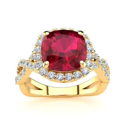 Sselects 3 1/2 Carat Cushion Cut Ruby And Halo Diamond Ring With Fancy Band In 14 Karat Yellow Gold In Red