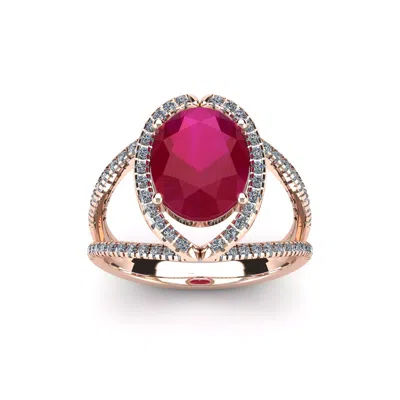 Sselects 3 1/2 Carat Oval Shape Ruby And Halo Diamond Ring In 14 Karat Rose Gold In Red
