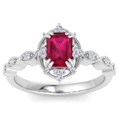 Sselects 1 Carat Ruby And Halo Diamond Ring In 14k White Gold In Red