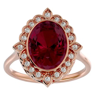 Sselects 1 3/4 Carat Oval Shape Ruby And Halo Diamond Ring In 14 Karat Rose Gold In Red