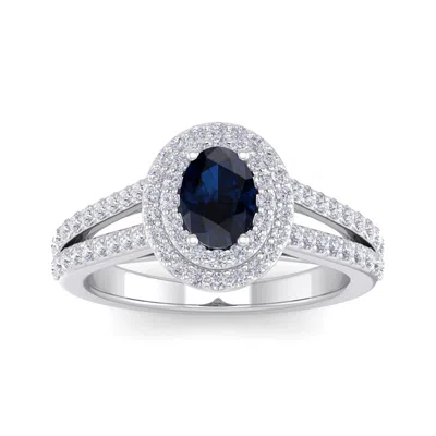 Sselects 1 3/4 Carat Oval Shape Sapphire And Halo Diamond Ring In 14 Karat White Gold In Blue