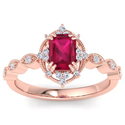 Sselects 1 Carat Ruby And Halo Diamond Ring In 14k Rose Gold In Red