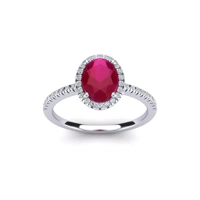 Sselects 1 3/4 Carat Oval Shape Ruby And Halo Diamond Ring In 14 Karat White Gold In Red