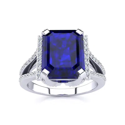 Sselects 4 Carat Emerald Shape Created Sapphire And Diamond Ring In Sterling Silver In Blue