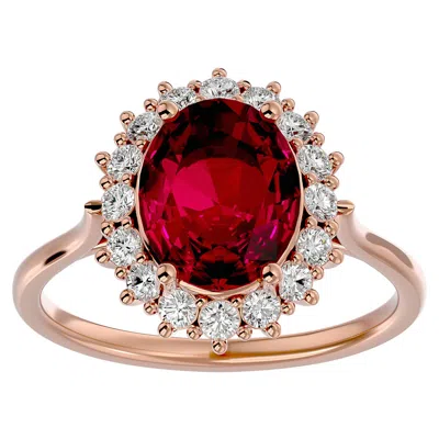 Sselects 3.60 Carat Oval Shape Ruby And Halo Diamond Ring In 14 Karat Rose Gold In Red