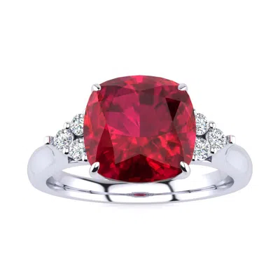 Sselects 3 1/5 Carat Cushion Cut Ruby And Diamond Ring In 14k White Gold In Red