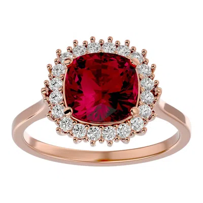 Sselects 3 1/2 Carat Cushion Cut Ruby And Halo Diamond Ring In 14k Rose Gold In Red