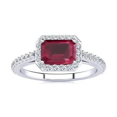 Sselects 1 1/3 Carat Ruby And Halo Diamond Ring In 14 Karat White Gold In Red