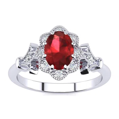 Sselects 1 Carat Oval Shape Created Ruby And Halo Diamond Ring In Sterling Silver In Red
