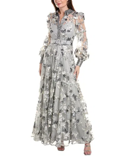 Badgley Mischka Embroidered Tulle Gown In Silver