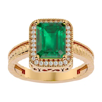 Sselects 2 1/2 Carat Antique Style Emerald And Diamond Ring In 14 Karat Yellow Gold In Green