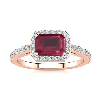 Sselects 1 1/3 Carat Ruby And Halo Diamond Ring In 14 Karat Rose Gold In Red