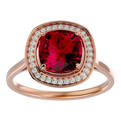 Sselects 3 1/4 Carat Cushion Cut Ruby And Halo Diamond Ring In 14k Rose Gold In Red