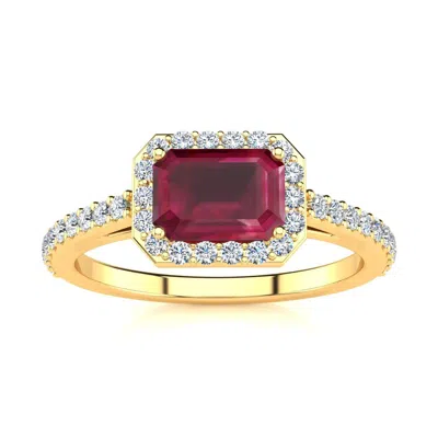 Sselects 1 1/3 Carat Ruby And Halo Diamond Ring In 14 Karat Yellow Gold In Red