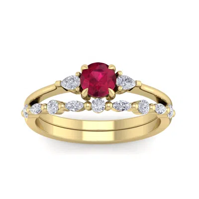 Sselects 1 Carat Ruby And Diamond Antique Style Bridal Set In 14 Karat Yellow Gold In Pink