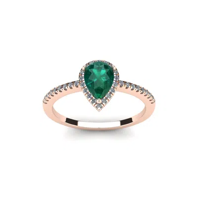 Sselects 3/4 Carat Pear Shape Emerald And Halo Diamond Ring In 14 Karat Rose Gold In Green