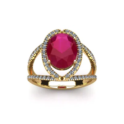 Sselects 3 1/2 Carat Oval Shape Ruby And Halo Diamond Ring In 14 Karat Yellow Gold In Red