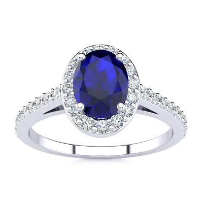 Sselects 1 1/3 Carat Oval Shape Sapphire And Halo Diamond Ring In 14 Karat White Gold In Blue