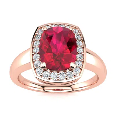 Sselects 3 Carat Cushion Cut Ruby And Halo Diamond Ring In 14 Karat Rose Gold In Red