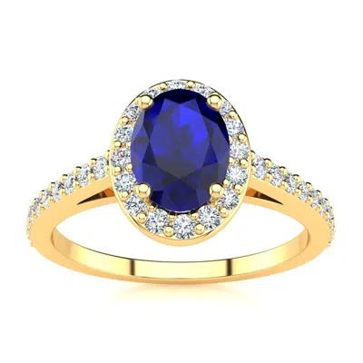 Sselects 1 1/3 Carat Oval Shape Sapphire And Halo Diamond Ring In 14 Karat Yellow Gold In Blue