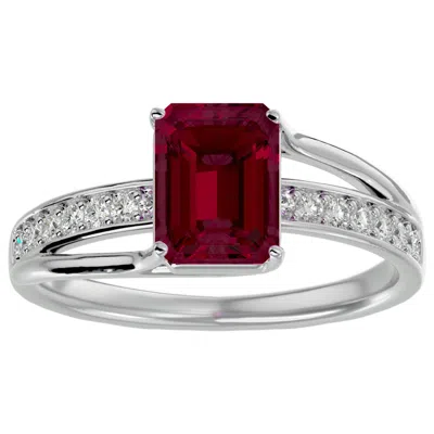 Sselects 1 3/4 Carat Emerald Shape Created Ruby And Diamond Ring In Sterling Silver In Red