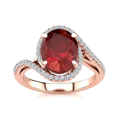 Sselects 3 1/3 Carat Oval Shape Ruby And Halo Diamond Ring In 14 Karat Rose Gold In Red