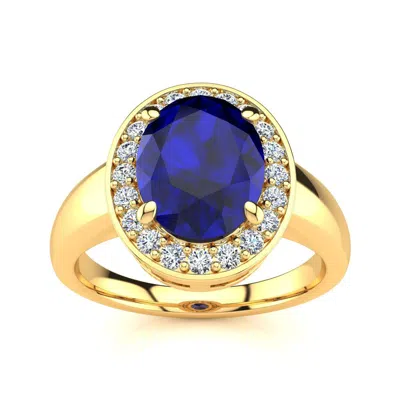 Sselects 3 Carat Oval Shape Sapphire And Halo Diamond Ring In 14 Karat Yellow Gold In Blue