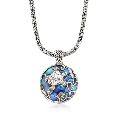 Ross-simons Abalone Shell Bali-style Turtle Pendant Necklace In Sterling Silver In Blue
