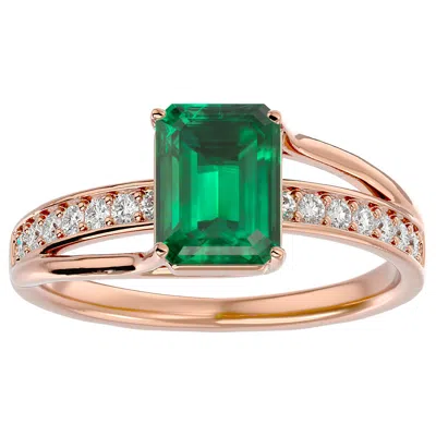 Sselects 1 1/2 Carat Emerald Shape Emerald And Diamond Ring In 14 Karat Rose Gold In Green