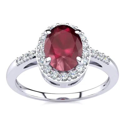 Sselects 1 Carat Oval Shape Ruby And Halo Diamond Ring In 14k White Gold In Red