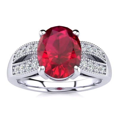 Sselects 3 Carat Oval Shape Ruby And Diamond Ring In 14 Karat White Gold In Red