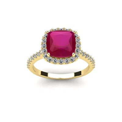 Sselects 3 1/2 Carat Cushion Cut Ruby And Halo Diamond Ring In 14k Yellow Gold In Red