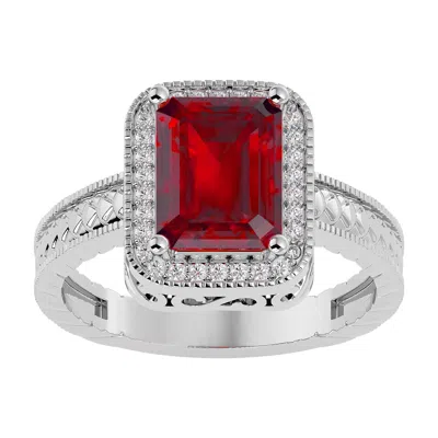Sselects 2 3/4 Carat Emerald Shape Created Ruby And Diamond Ring In Sterling Silver In Red