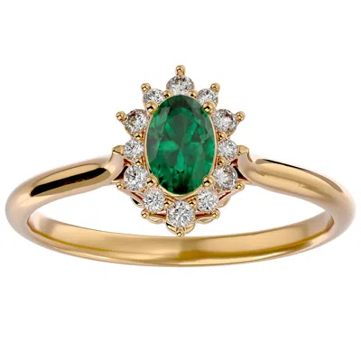 Sselects 2/3 Carat Oval Shape Emerald And Halo Diamond Ring In 14 Karat Yellow Gold In Green