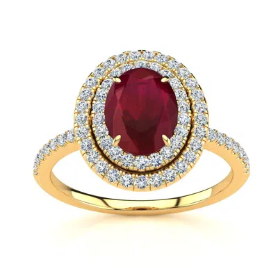 Sselects 2 Carat Oval Shape Ruby And Double Halo Diamond Ring In 14 Karat Yellow Gold In Red