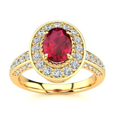 Sselects 1 1/2 Carat Oval Shape Ruby And Halo Diamond Ring In 14 Karat Yellow Gold In Red