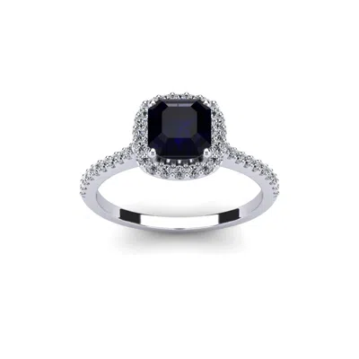 Sselects 1 1/2 Carat Cushion Cut Sapphire And Halo Diamond Ring In 14k White Gold In Black